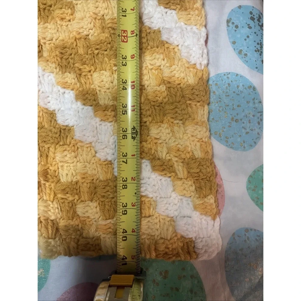 Mustard Yellow and White Acrylic Knitted Throw Blanket with a wave pattern 41x41